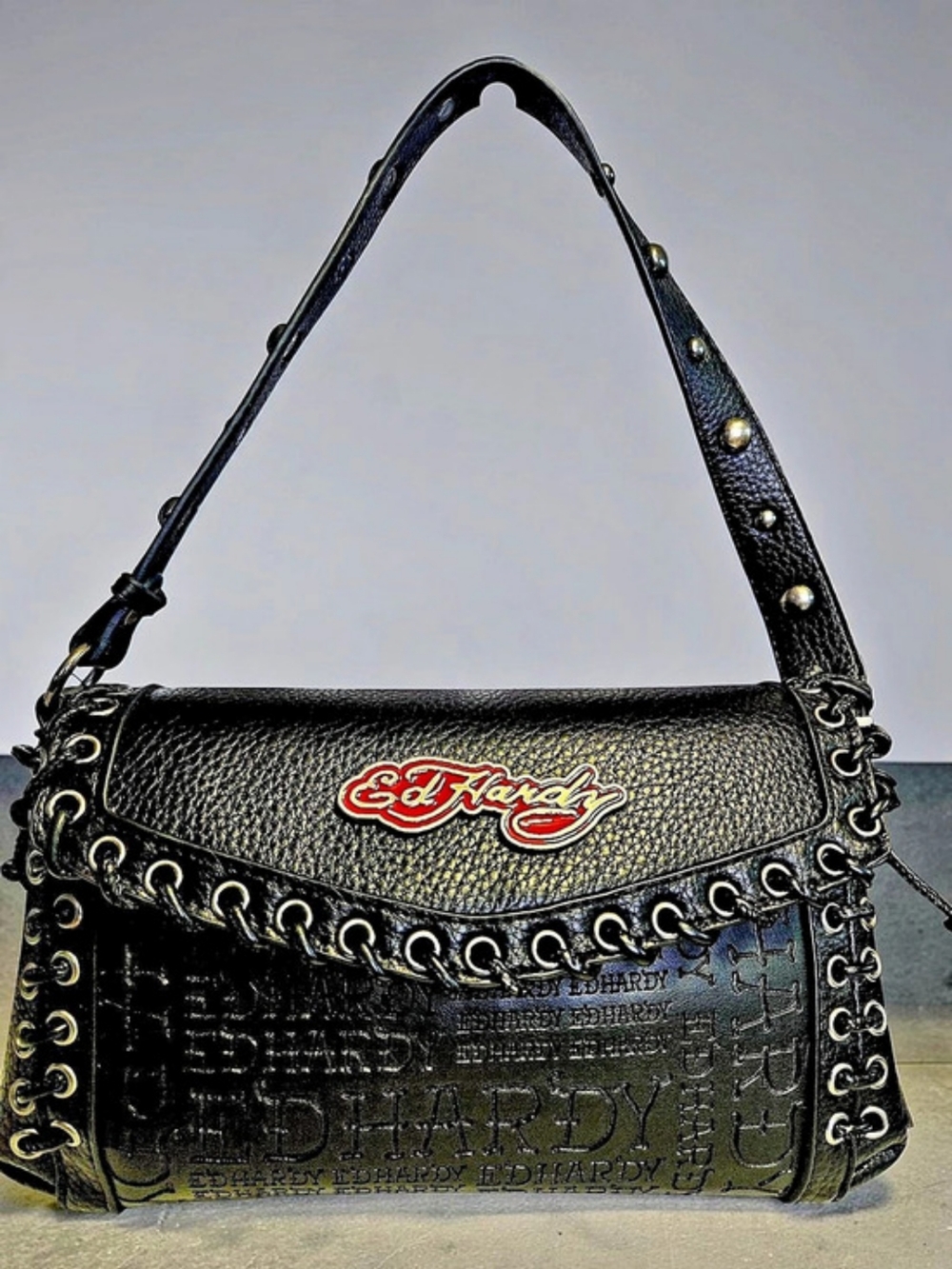 NEW ED Hardy Black Logo Motif Satchel Bag With Studs Buttons Y2K Style 10x6x2.5'